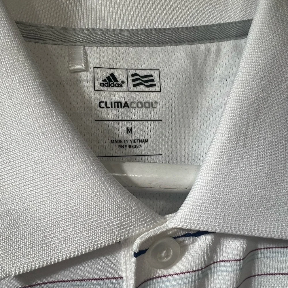 Adidas Golf Climacool Men M white & Navy Striped Polo Shirt with logo Activewear